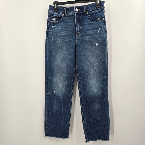 Express Denim - Express Jeans Womens 4 High Waisted Straight Leg Distressed Raw Hem Blue